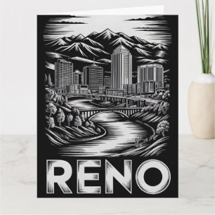 Reno Nevada Skyline Black White Woodcut Card