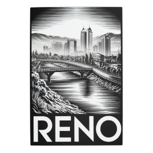 Reno Nevada Skyline Black White Woodcut Metal Print