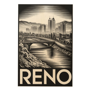 Reno Nevada Skyline Black White Woodcut Wood Wall Art