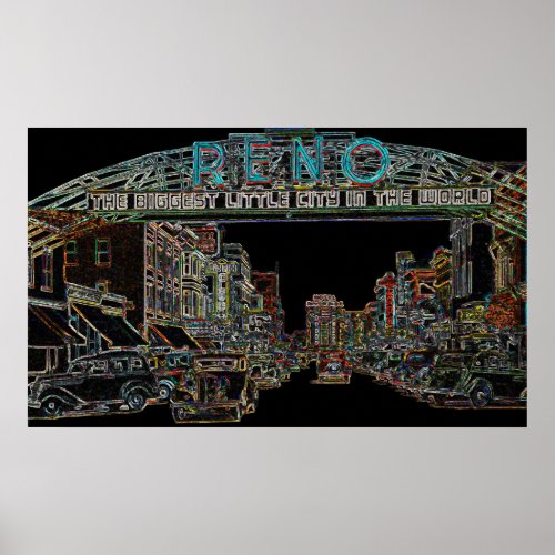 RENO NEVADA VINTAGE COLORFUL WATERCOLOR ART neon Poster