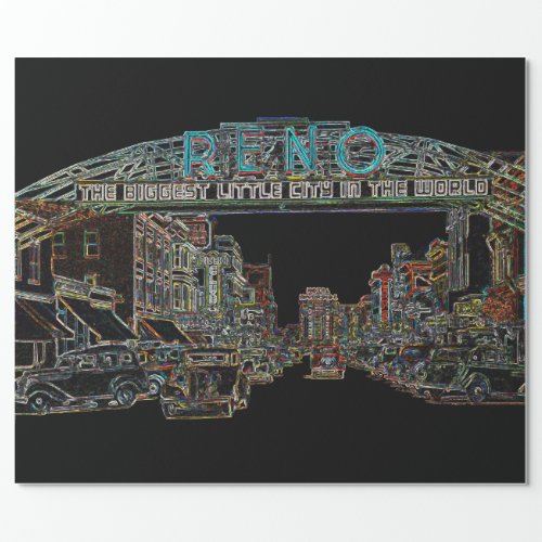 RENO NEVADA VINTAGE COLORFUL WATERCOLOR ART neon Wrapping Paper