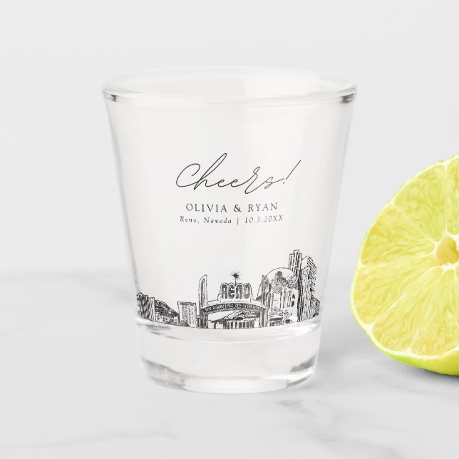 Reno Nevada Wedding Favor Cheers Shot Glass (Front)
