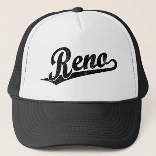 Reno script logo in black distressed trucker hat