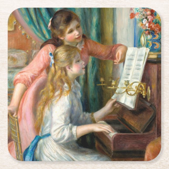 Renoir Girls at the Piano Impressionism Painting Square Paper Coaster (Front)