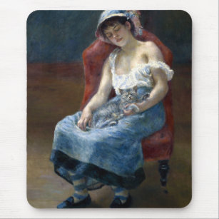 Renoir Sleeping Girl Cat Painting Mouse Pad