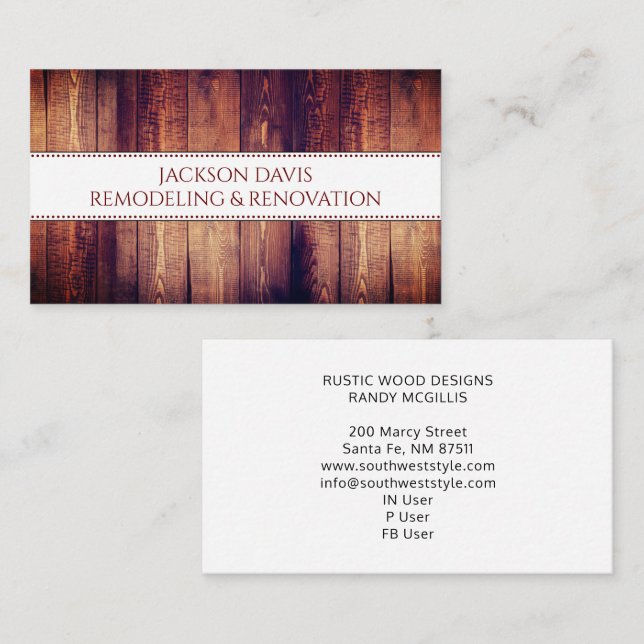 Renovation Remodeling Wood Grain Rustic Monogram Business Card (Front/Back)