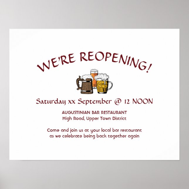 REOPENING! Bar Restaurant Business Customizable Poster (Front)