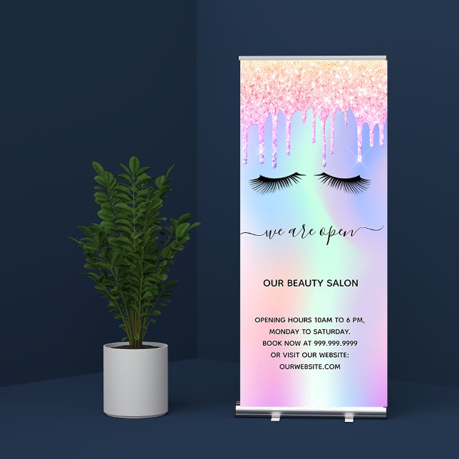 Reopening beauty salon glitter lashes iridescent retractable banner (Creator Uploaded)