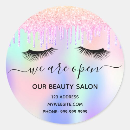 Reopening beauty salon lashes pink iridescent classic round sticker