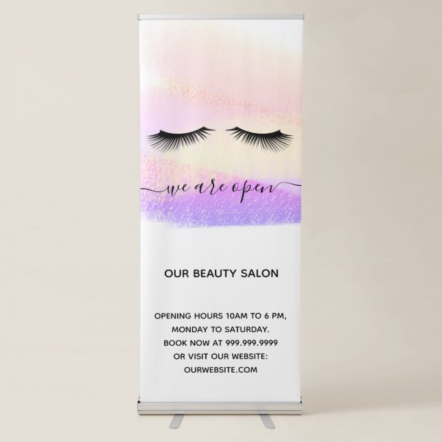 Reopening beauty salon light white lashes pastel retractable banner (Front)