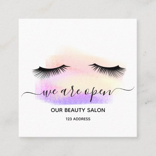 Reopening beauty salon light white lashes pastel square business card