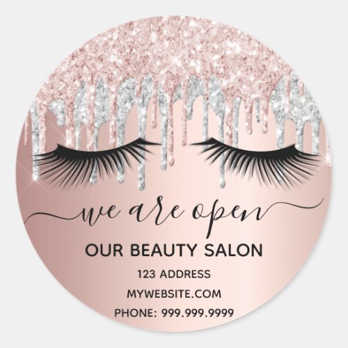 Reopening beauty salon pink silver glitter lashes classic round sticker