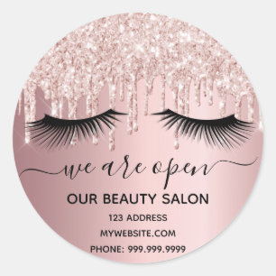 Reopening beauty salon rose gold glitter lashes classic round sticker