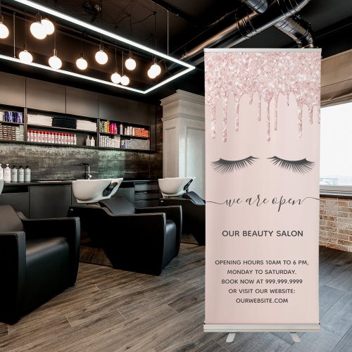 Reopening beauty salon rose gold glitter lashes retractable banner