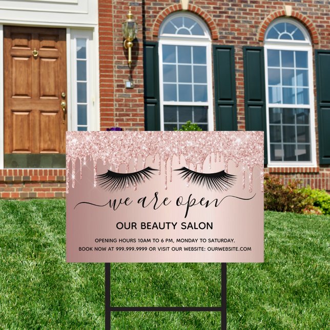 Reopening beauty salon rose gold glitter lashes sign (Creator Uploaded)