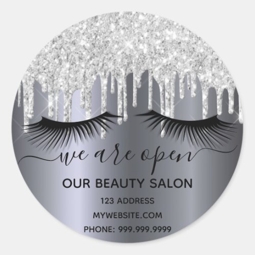 Reopening beauty salon silver glitter lashes  classic round sticker