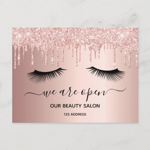 Reopening glitter beauty salon rose gold lashes postcard