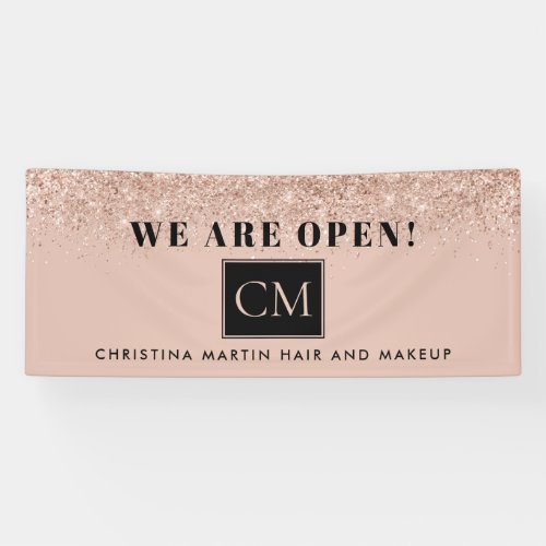 Reopening Hair and Makeup Blush Rose Gold Glitter Banner