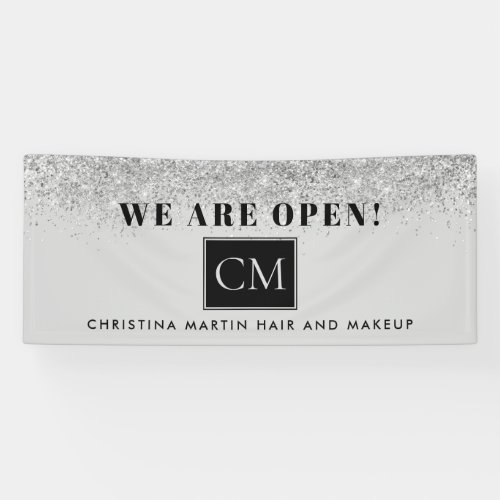 Reopening Hair and Makeup Silver Gray Glitter Banner