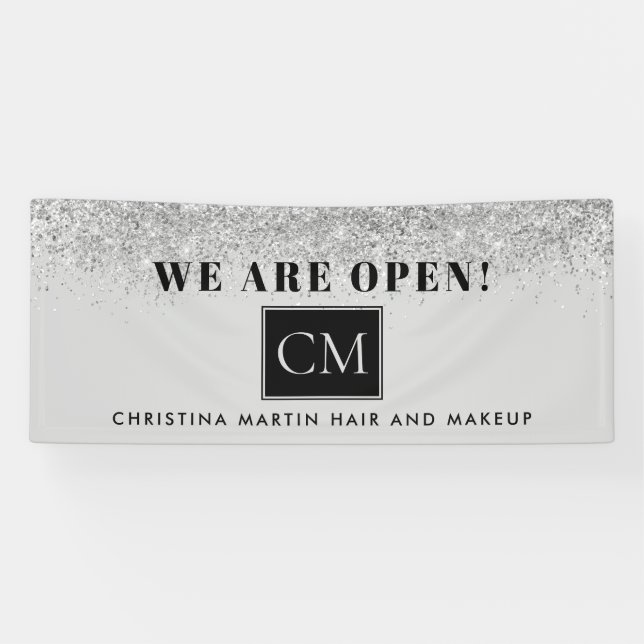 Reopening Hair and Makeup Silver Gray Glitter Banner (Horizontal)
