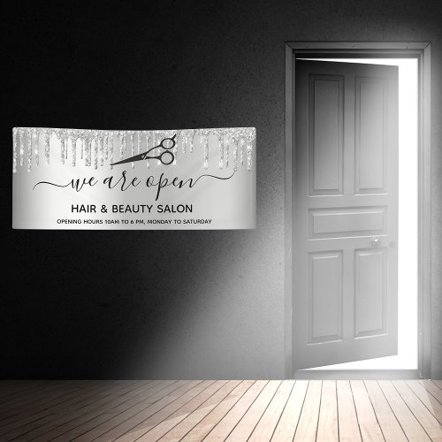Reopening hair beauty salon glitter silver sparkle banner