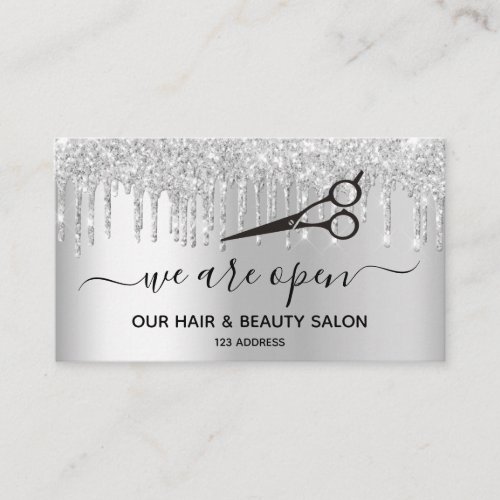 Reopening hair beauty salon glitter silver sparkle business card