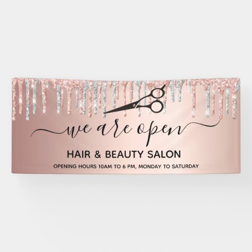 Reopening hair beauty salon pink glitter silver banner