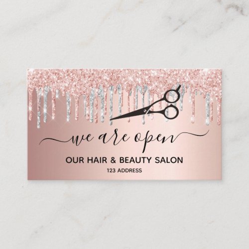 Reopening hair beauty salon pink glitter silver business card