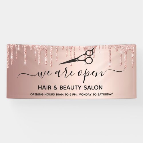 Reopening hair beauty salon rose gold glitter drip banner