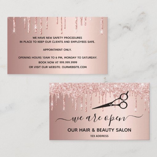 Reopening Hair Beauty Salon Rose Gold Glitter Drip Business Card Zazzle 9307