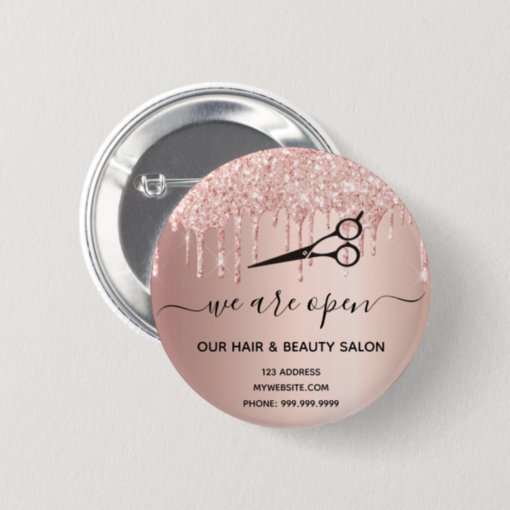 Reopening Hair Beauty Salon Rose Gold Glitter Drip Button Zazzle 1430