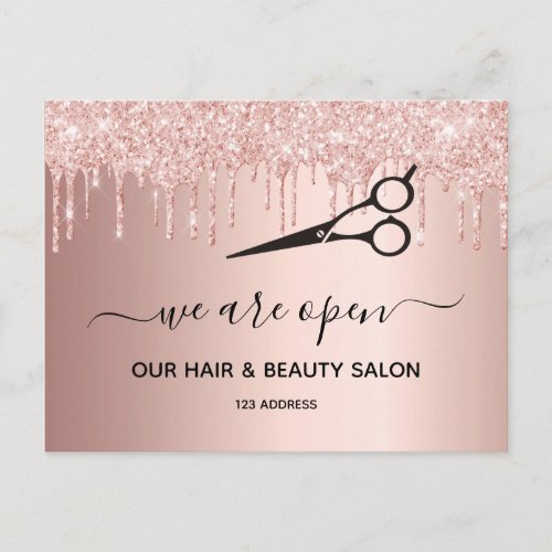 Reopening hair beauty salon rose gold glitter drip postcard