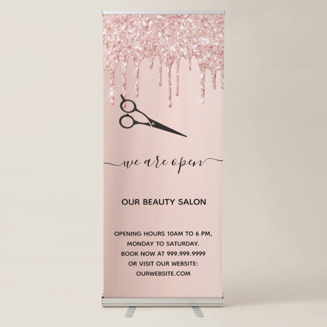 Reopening hair beauty salon rose gold glitter drip retractable banner (Front)