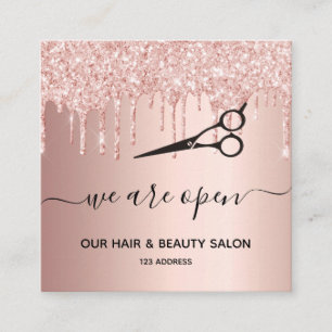 Reopening hair beauty salon rose gold glitter drip square business card