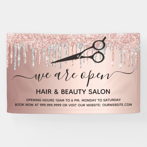 Reopening hair beauty salon rose gold glitter pink banner