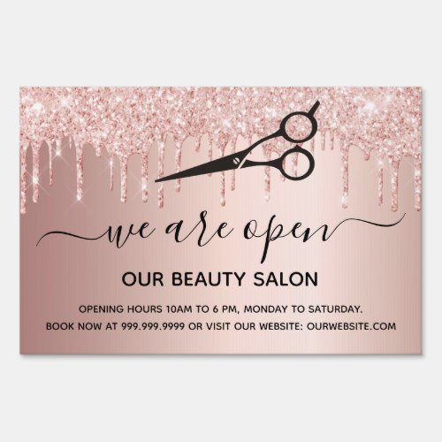 Reopening hair beauty salon rose gold glitter sign