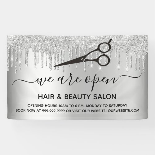 Reopening hair beauty salon silver glitter sparkle banner