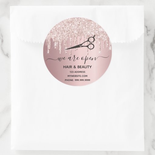 Reopening Hair Pink Glitter Beauty Salon Rose Gold Classic Round Sticker Zazzle 9911