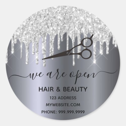 Reopening hair silver glitter beauty salon sparkle classic round sticker