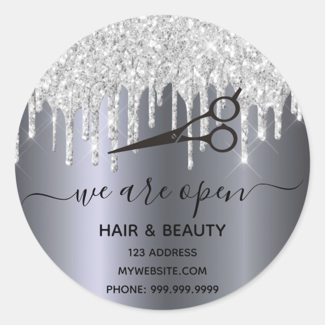Reopening hair silver glitter beauty salon sparkle classic round sticker (Front)