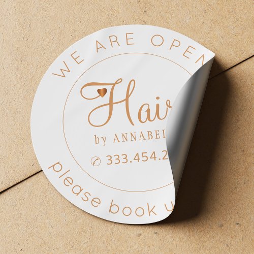 Reopening hair stylist name visit appointment gold classic round sticker