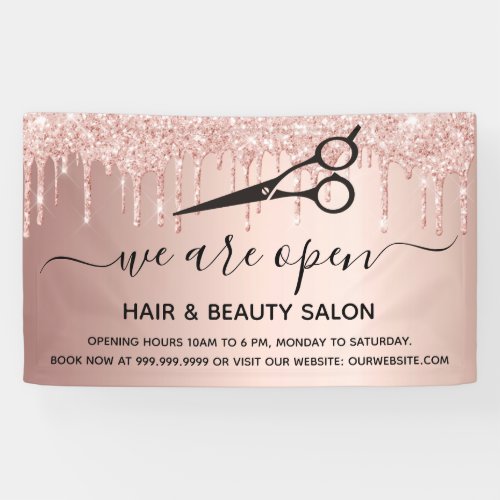 Reopening pink glitter hair beauty salon rose gold banner