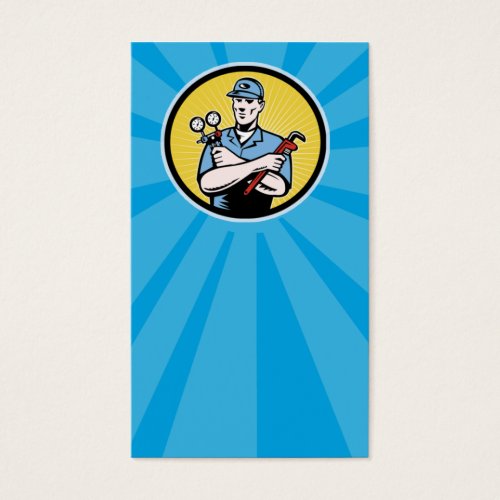 repairman serviceman holding ac manifold gauge wre business card