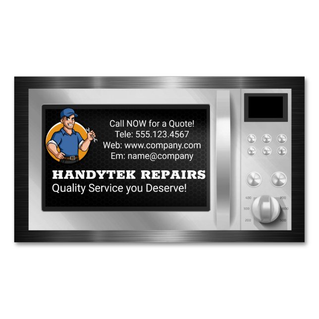 Repairman with Wrench | Microwave Appliance Business Card Magnet (Front)