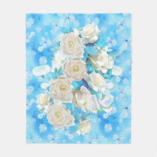 Repeat pale sky blue _ white watercolor Roses Fleece Blanket