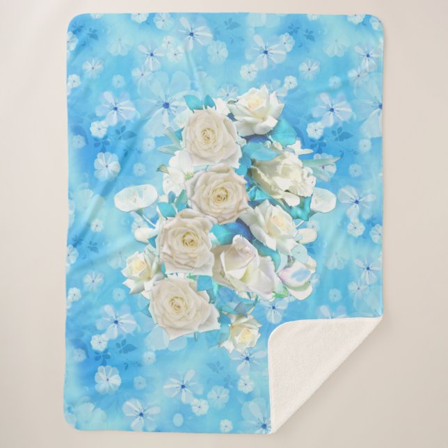 Repeat pale sky blue - white watercolor Roses Sherpa Blanket (Front)