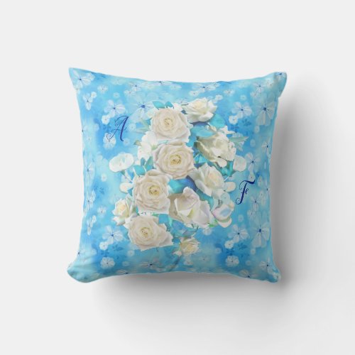 Repeat pale sky blue _ white watercolor Roses Throw Pillow