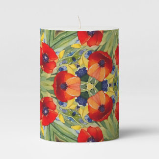 Repeat pattern painted red poppies pillar candle