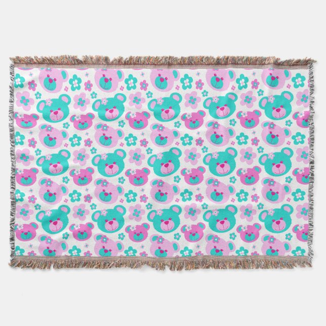 Repeat pattern teddy bear flower pink aqua throw blanket (Front)