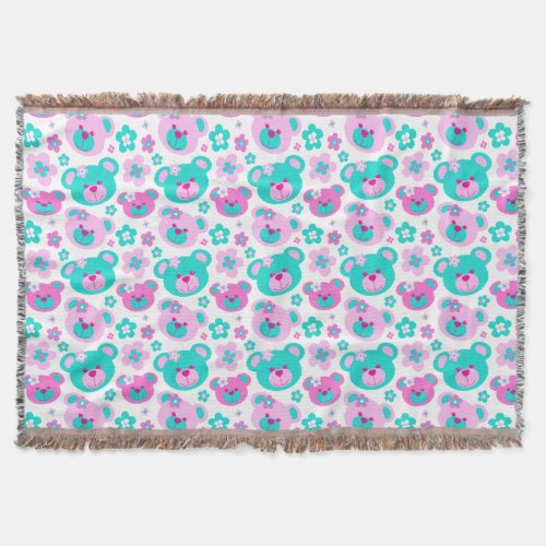 Repeat pattern teddy bear flower pink aqua throw throw blanket